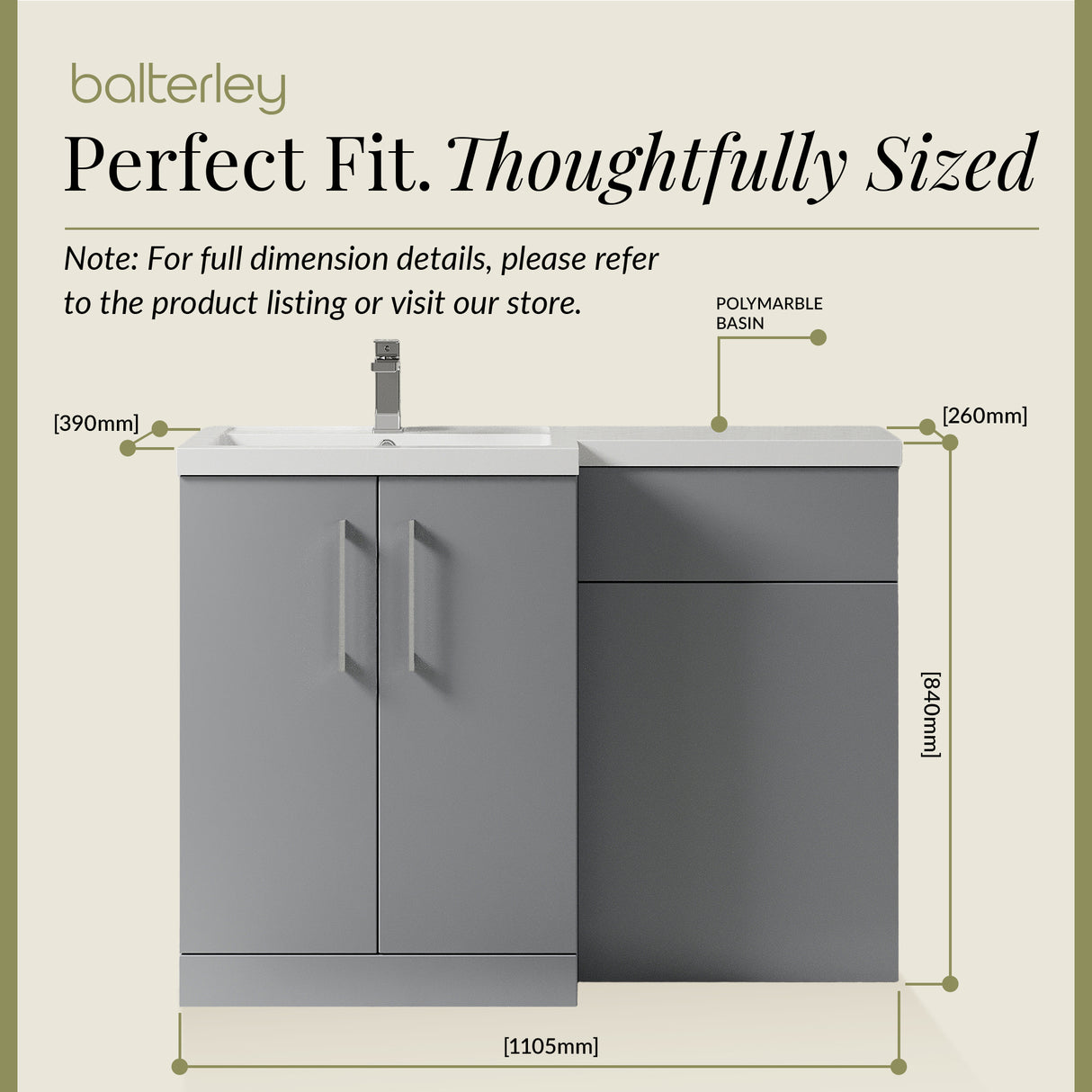 Bathroom Vanity Unit with Basin & WC Unit, Left Hand, 1100mm x 390mm - Choice of Colour