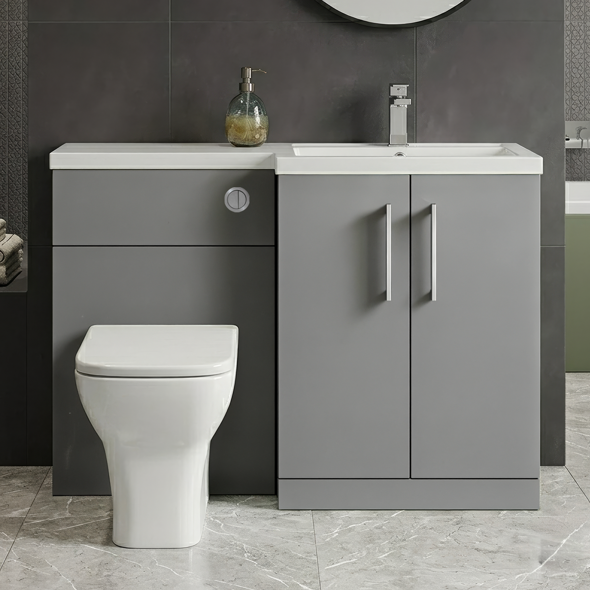 Bramshall Combination Vanity Unit with Basin & WC, Right Hand, 1100mm x 390mm - Choice of Colour and Handle Finish