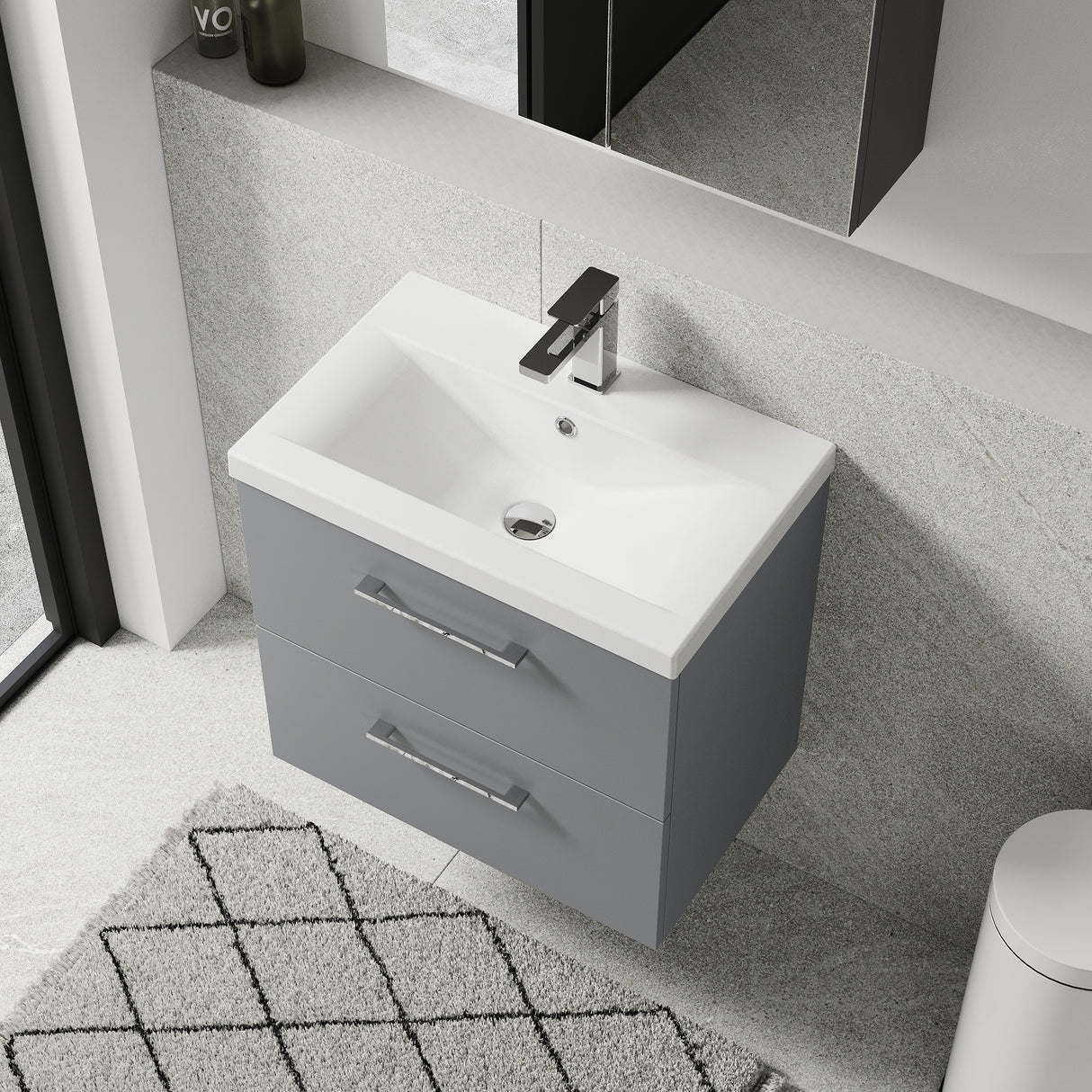 Wall Hung 2 Drawer Vanity Unit with Mid-Edge Ceramic Basin - Choice of Colour, Handle Finish and Size