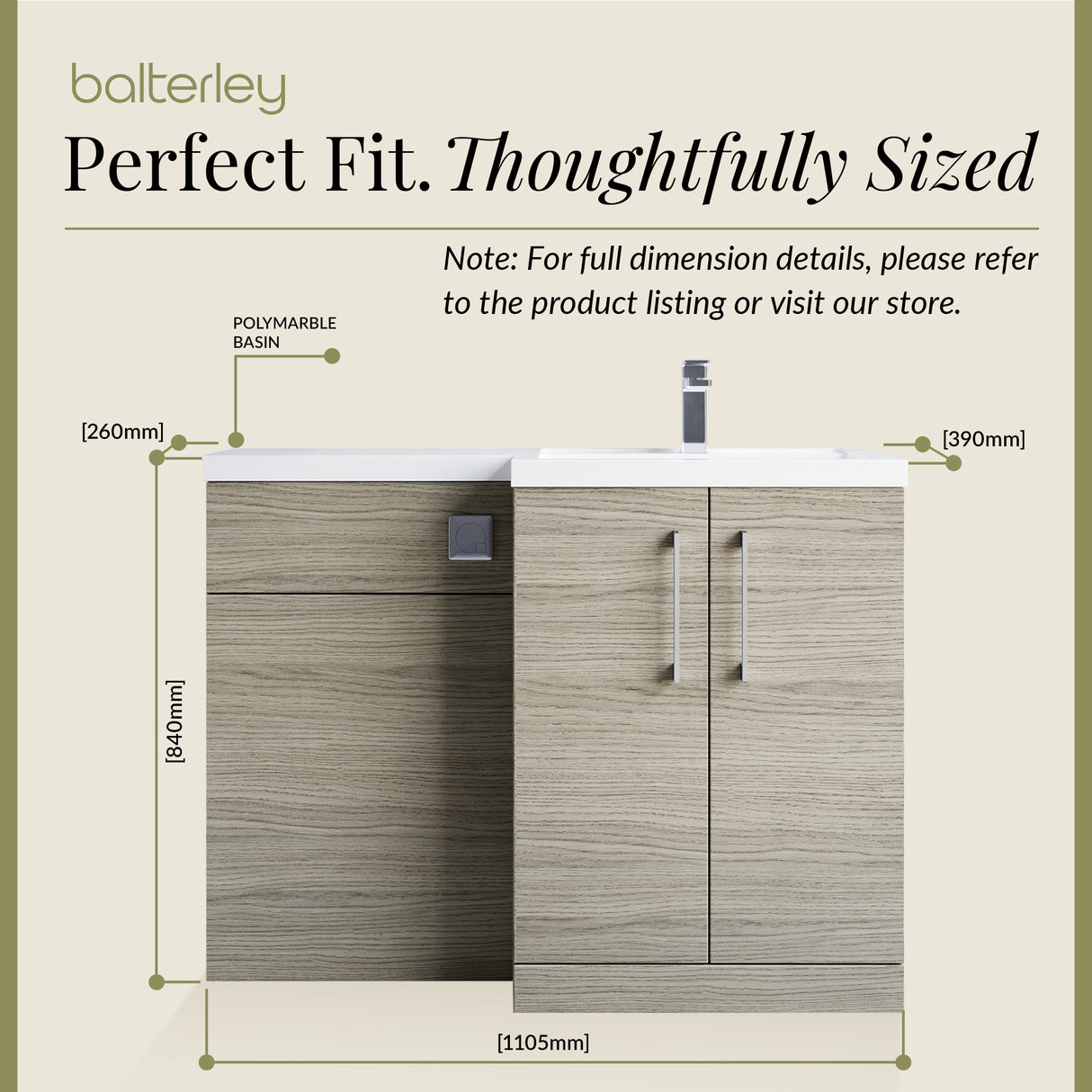 Bathroom Vanity Unit with Basin & WC, Right Hand, 1100mm x 390mm - Choice of Colour