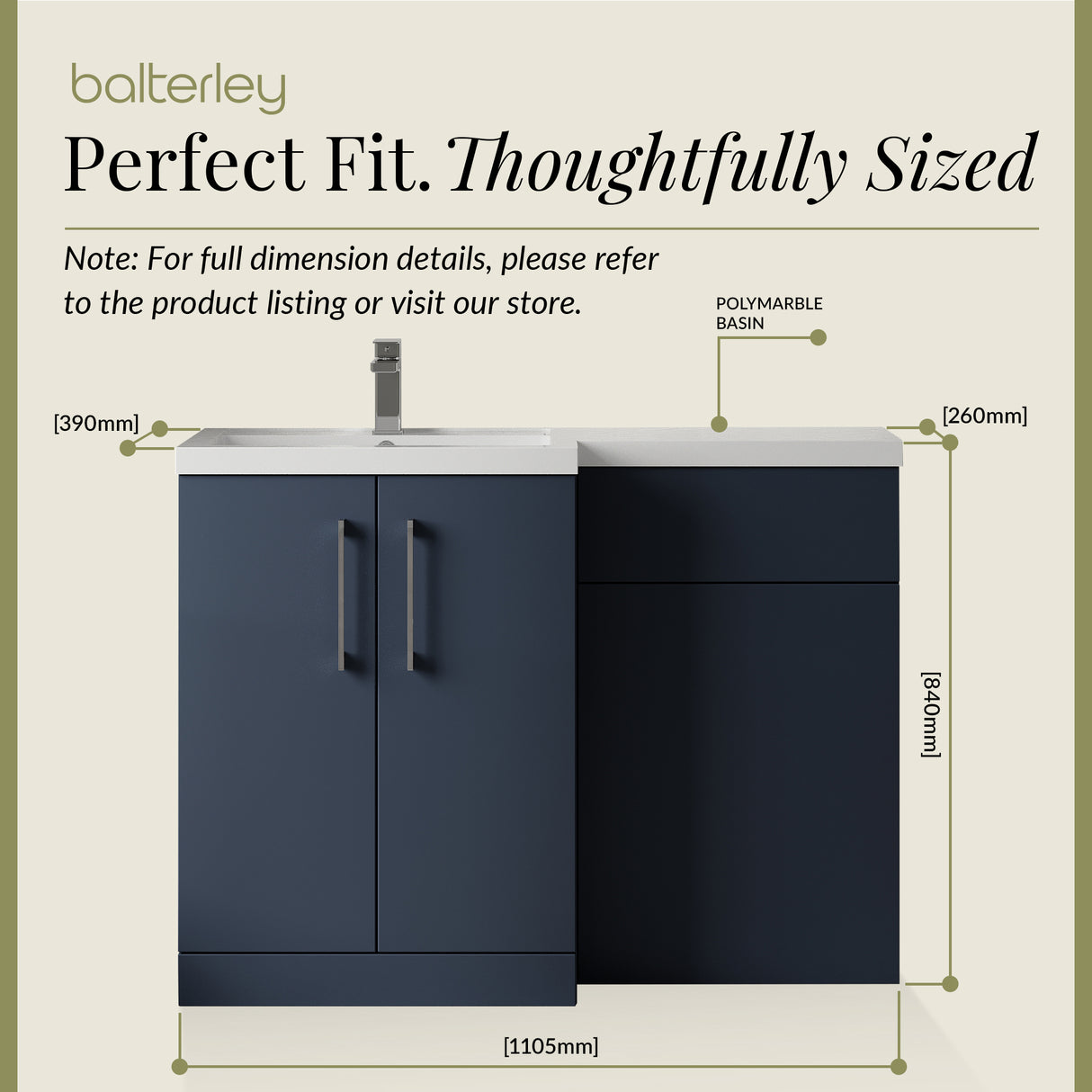 Bathroom Vanity Unit with Basin & WC Unit, Left Hand, 1100mm x 390mm - Choice of Colour