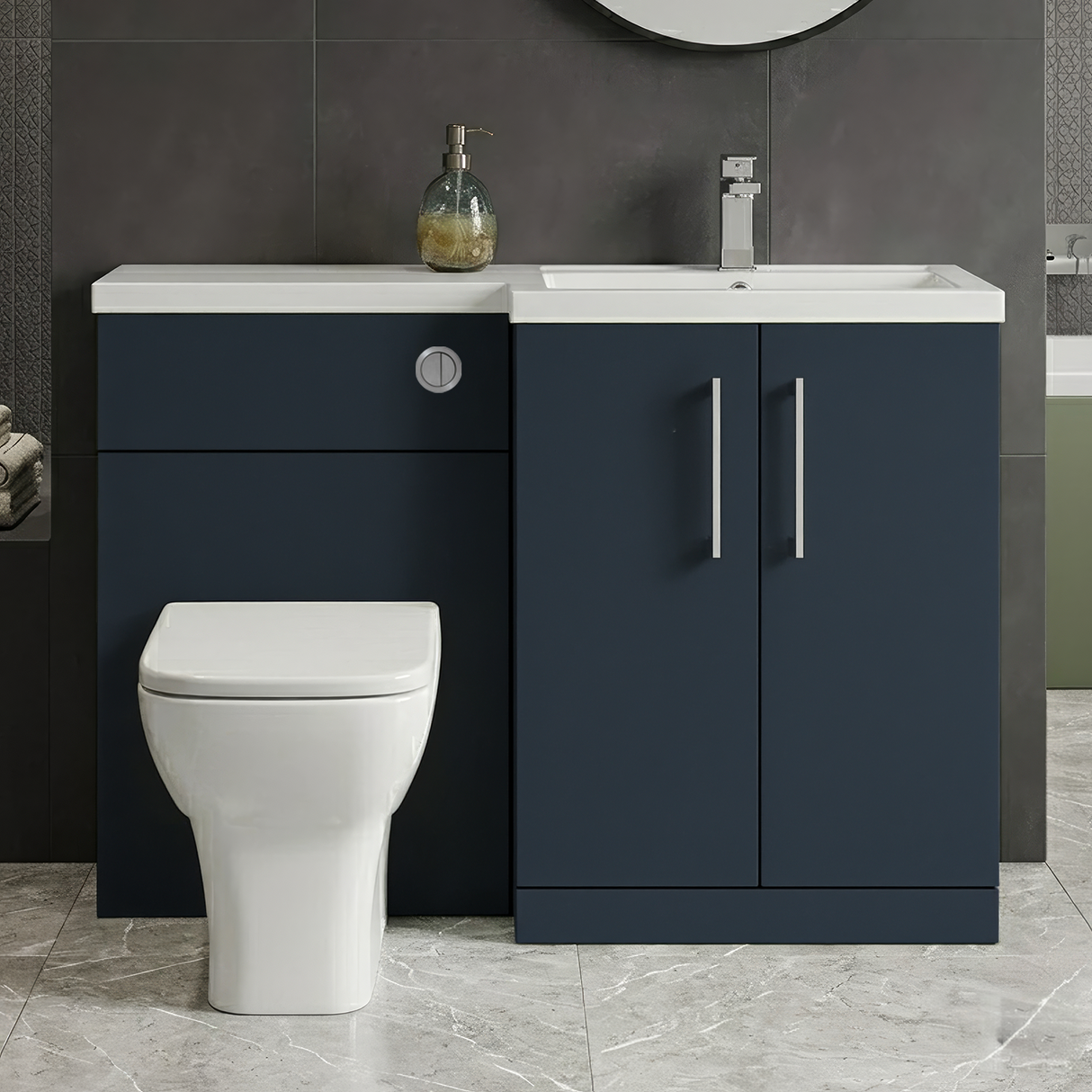 Bramshall Combination Vanity Unit with Basin & WC, Right Hand, 1100mm x 390mm - Choice of Colour and Handle Finish