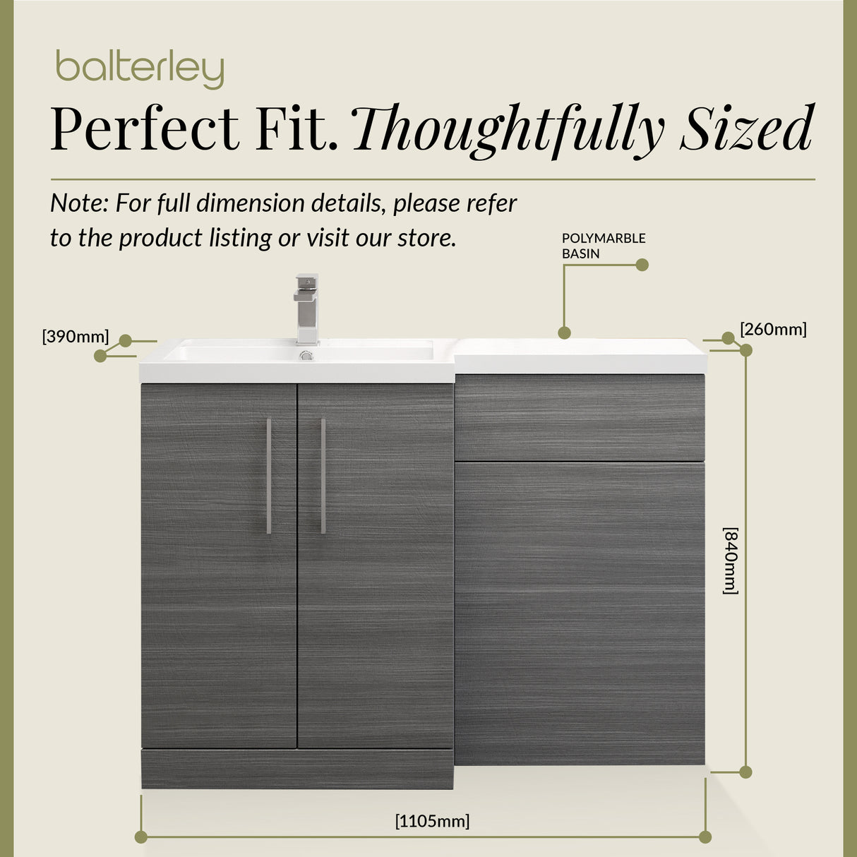 Bathroom Vanity Unit with Basin & WC Unit, Left Hand, 1100mm x 390mm - Choice of Colour
