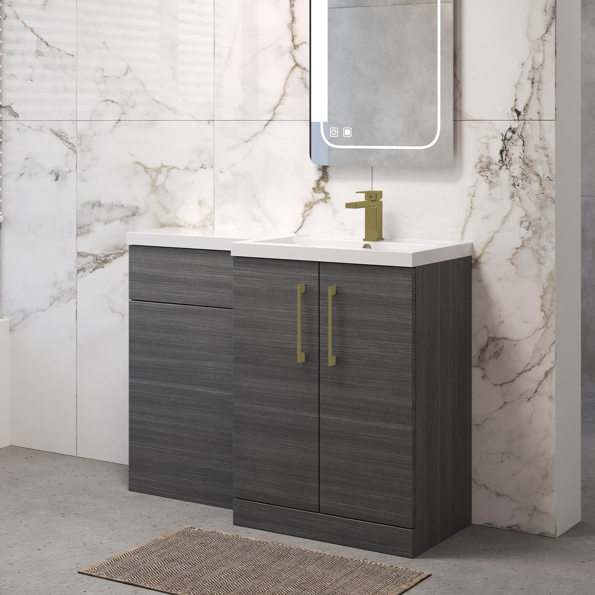 Bramshall Combination Vanity Unit with Basin & WC, Right Hand, 1100mm x 390mm - Choice of Colour and Handle Finish