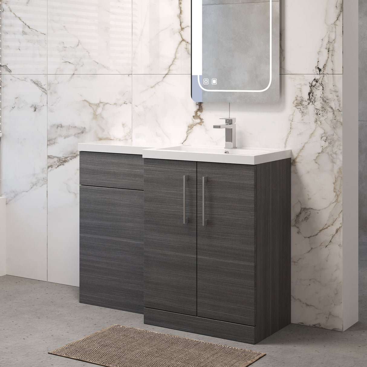 Bramshall Combination Vanity Unit with Basin & WC, Right Hand, 1100mm x 390mm - Choice of Colour and Handle Finish