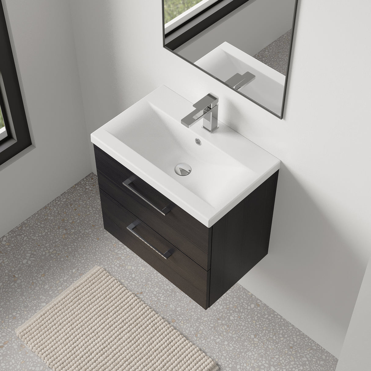 Wall Hung 2 Drawer Vanity Unit with Mid-Edge Ceramic Basin - Choice of Colour, Handle Finish and Size