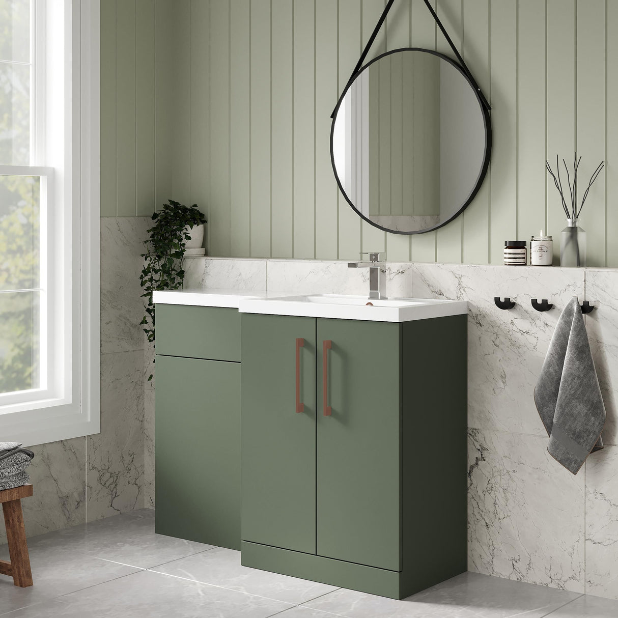Bramshall Combination Vanity Unit with Basin & WC, Right Hand, 1100mm x 390mm - Choice of Colour and Handle Finish