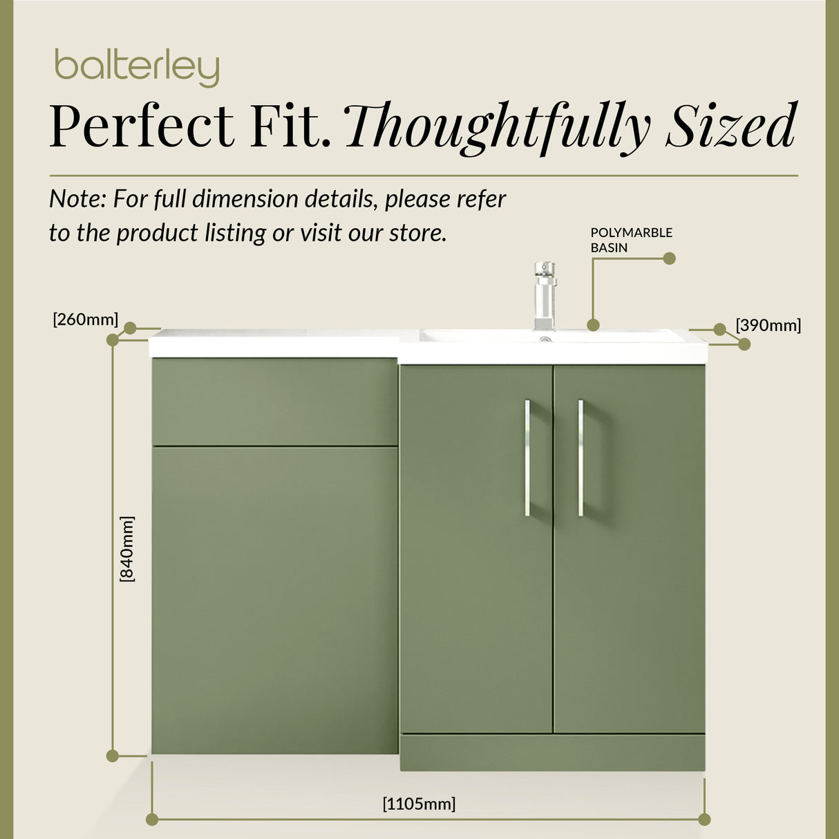 Bathroom Vanity Unit with Basin & WC, Right Hand, 1100mm x 390mm - Choice of Colour