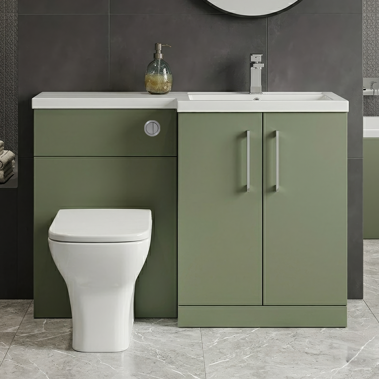 Bramshall Combination Vanity Unit with Basin & WC, Right Hand, 1100mm x 390mm - Choice of Colour and Handle Finish