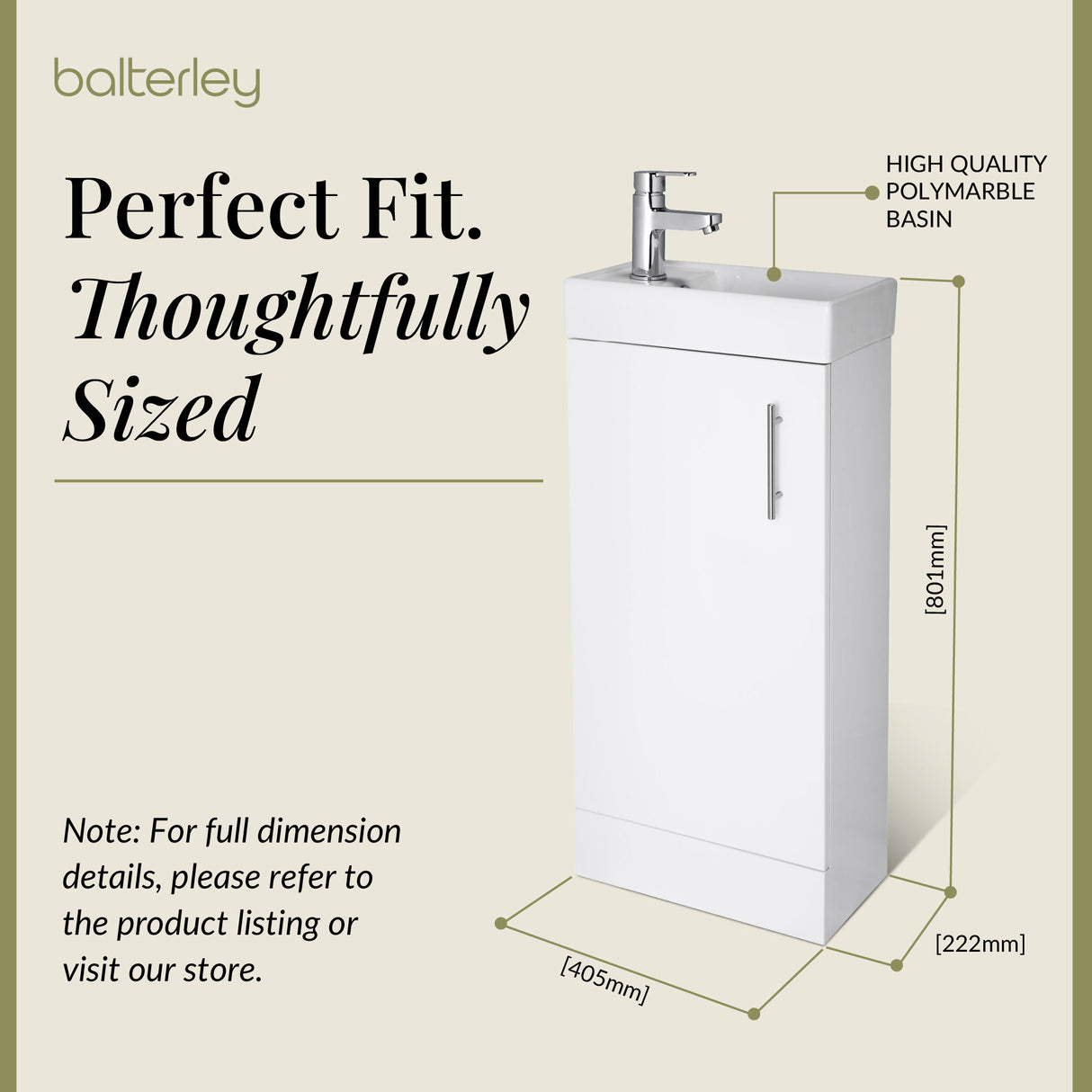 400mm Floor Standing Bathroom Vanity & Basin - Chrome Handle - Gloss White