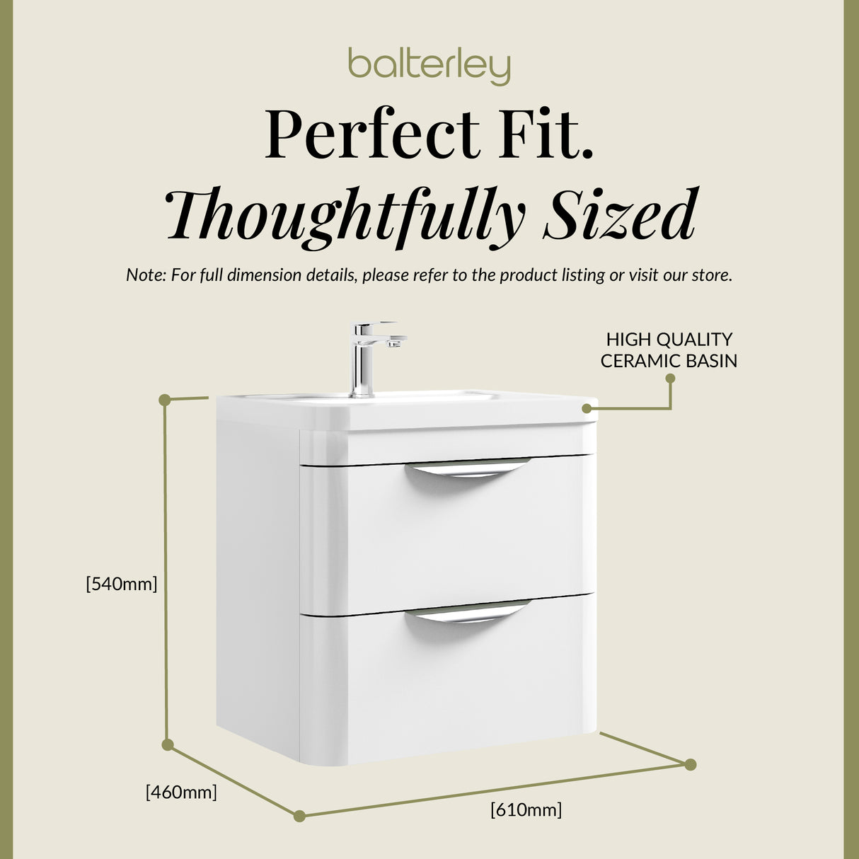 Modern 2-Drawer Wall Hung Vanity Basin Unit with Ceramic Basin - 600mm