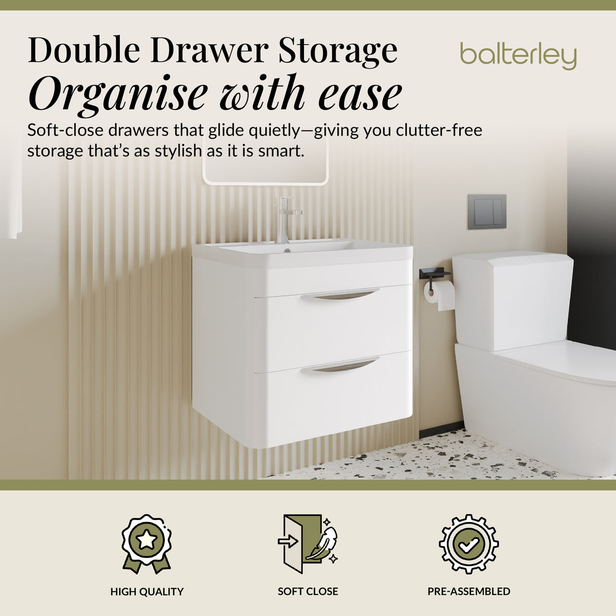 Modern 2-Drawer Wall Hung Vanity Basin Unit with Ceramic Basin - 600mm
