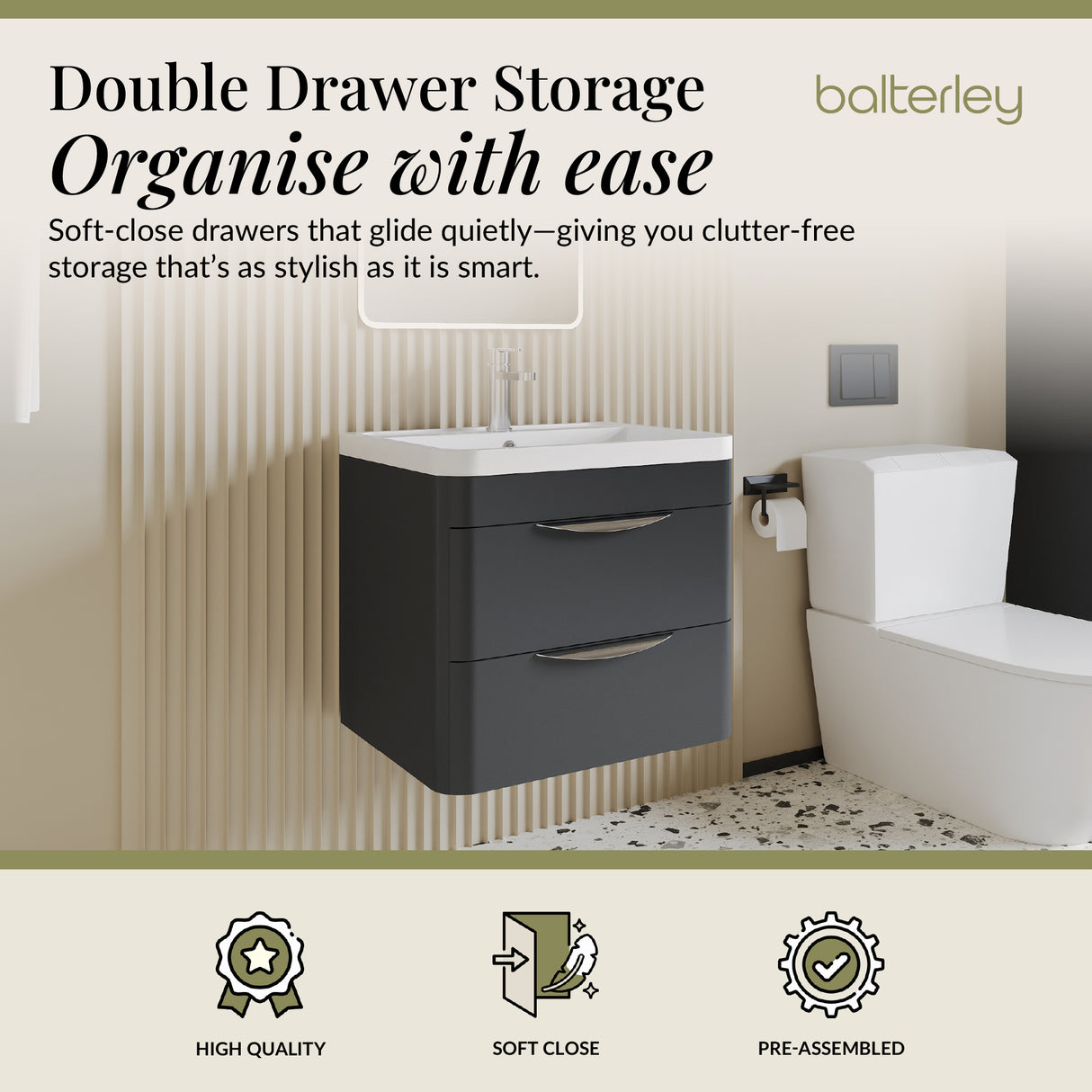 Modern 2-Drawer Wall Hung Vanity Basin Unit with Ceramic Basin - 600mm