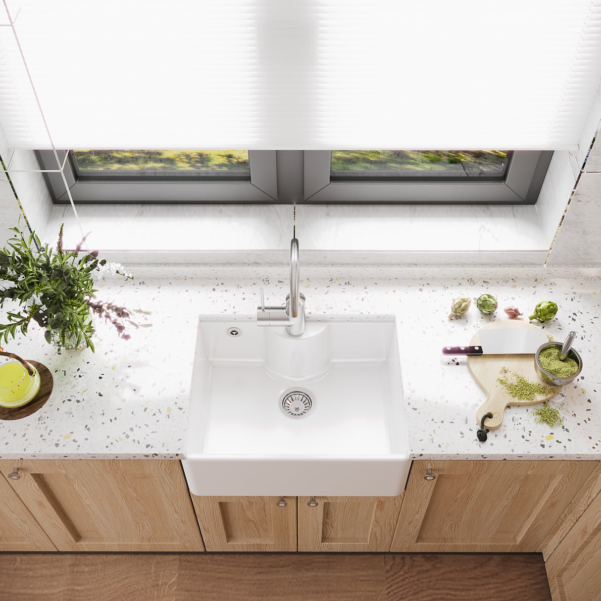 Single Bowl Fireclay Ceramic Butler Kitchen Sink with Overflow and Tap Ledge with Tap Hole and Chrome Basket Strainer Waste with Overflow - 595mm