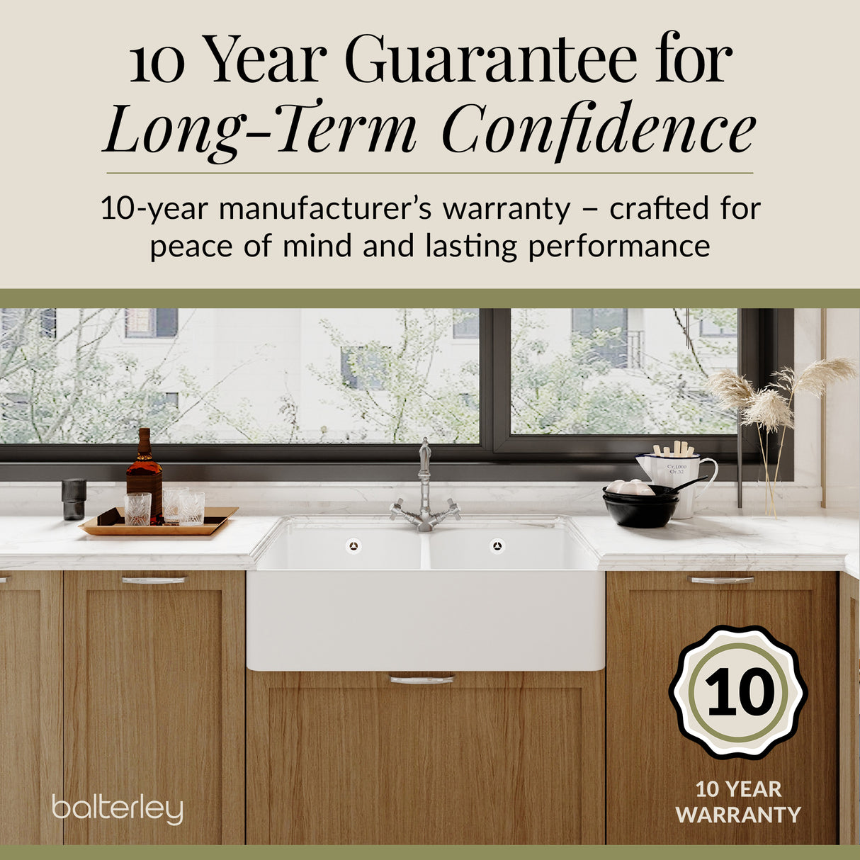 Double Bowl Fireclay Belfast Sink Bundle with Tap Hole & Full Wier, Basket Strainer Waste & Mono Mixer Tap