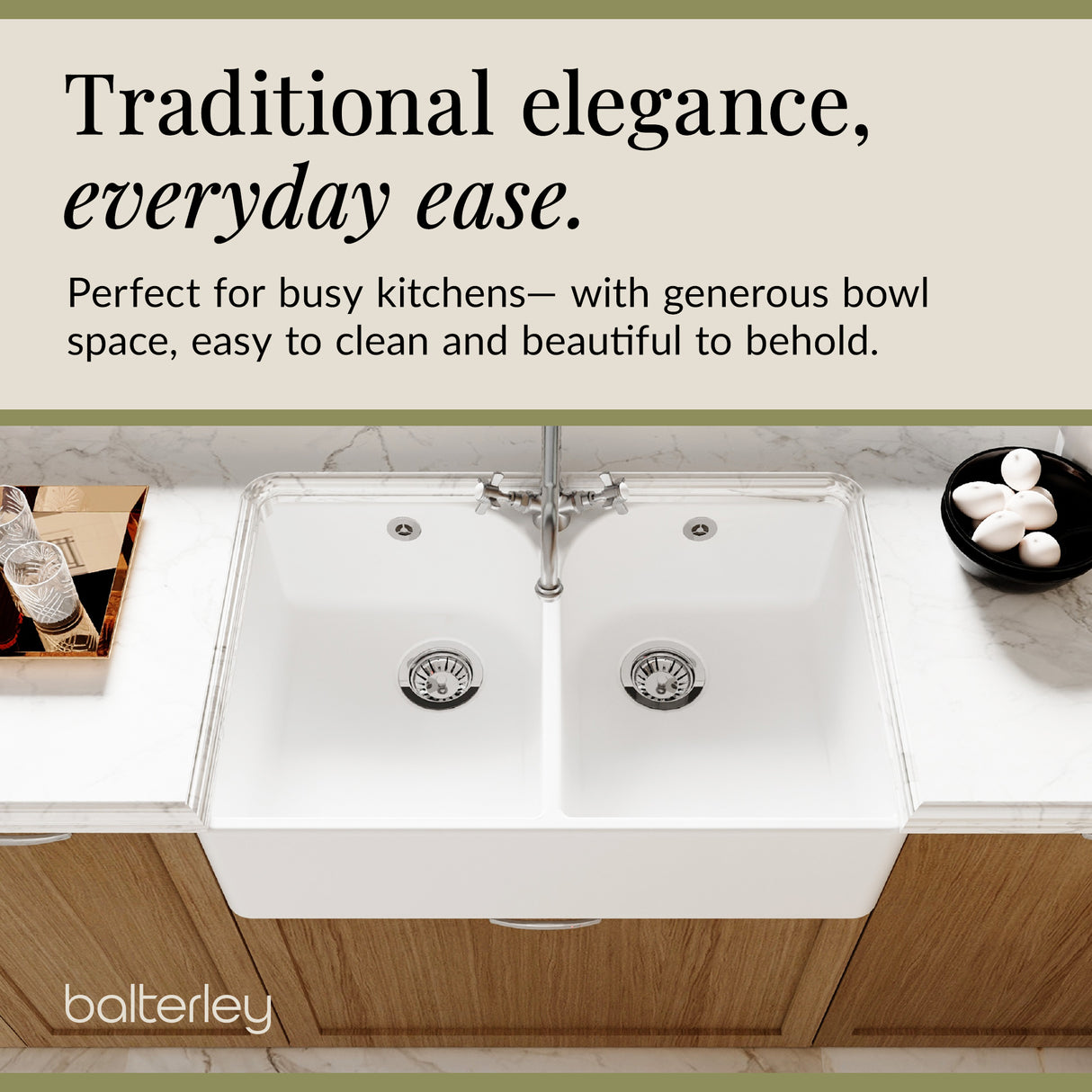 Double Bowl Fireclay Belfast Sink Bundle with Tap Hole & Full Wier, Basket Strainer Waste & Mono Mixer Tap