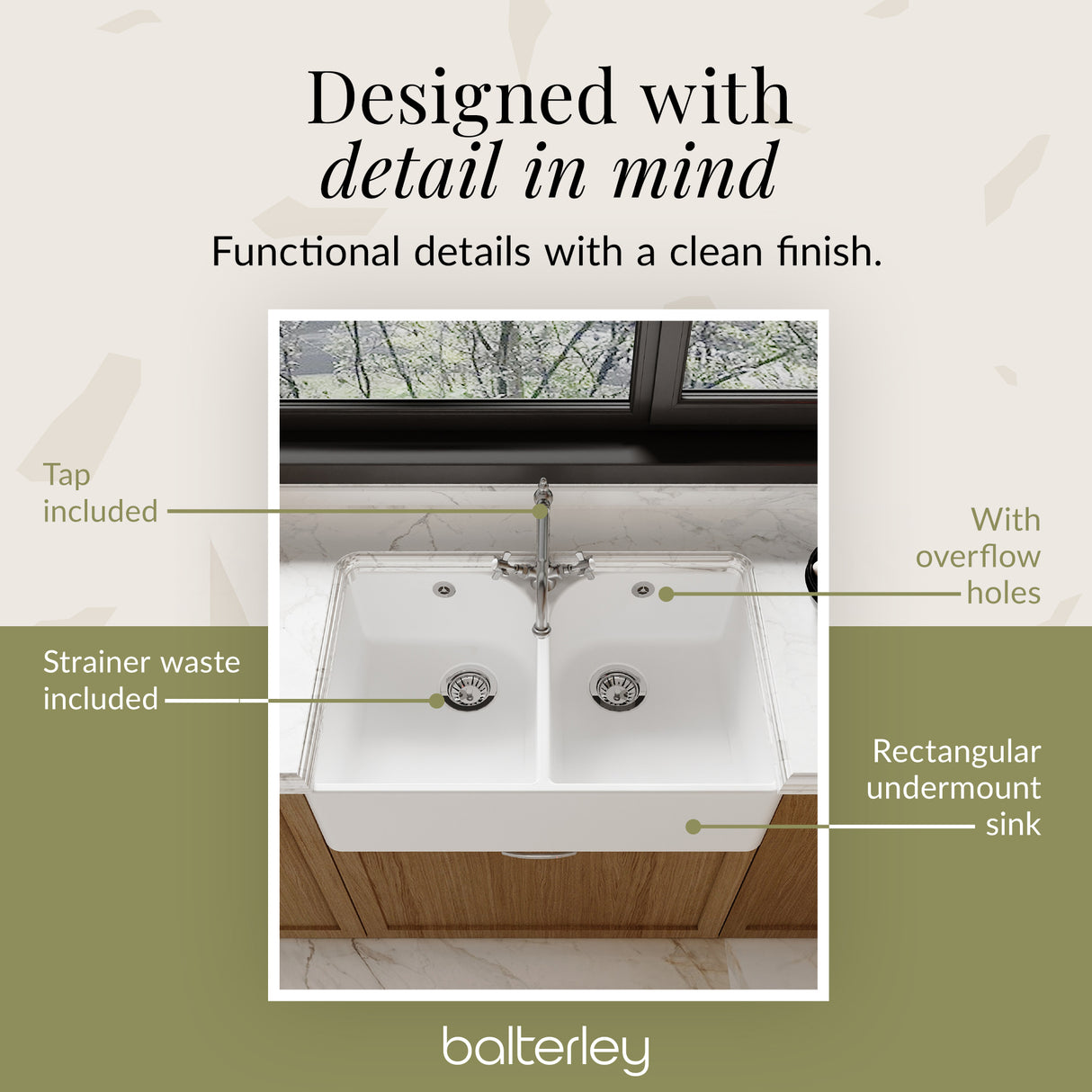 Double Bowl Fireclay Ceramic Butler Kitchen Sink Bundle with Tap Hole, Weir & Wastes