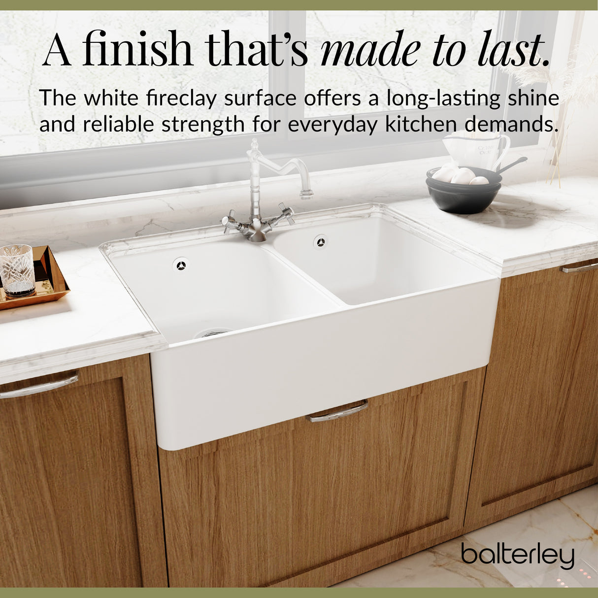 Double Bowl Fireclay Ceramic Butler Kitchen Sink Bundle with Tap Hole, Weir & Wastes