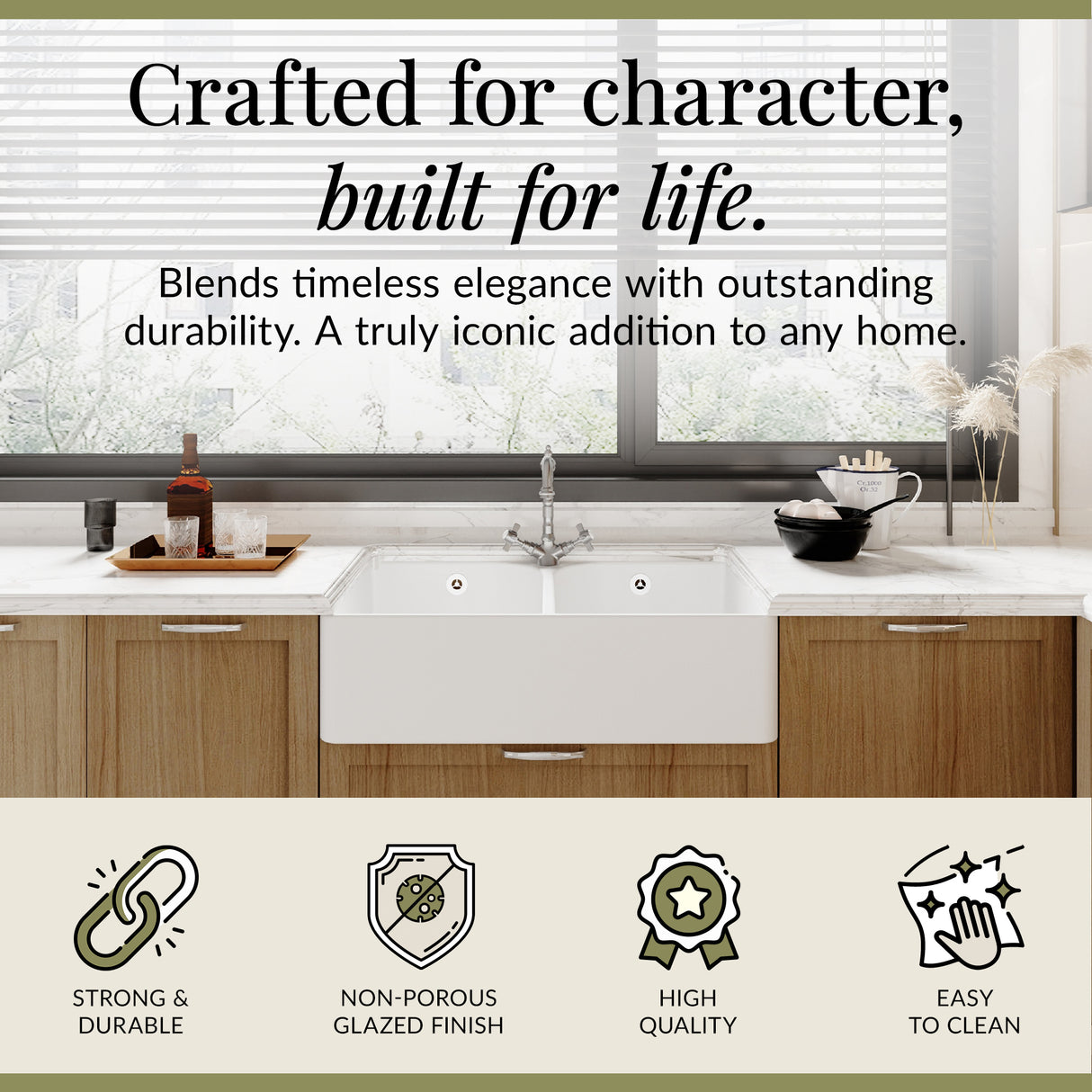 Double Bowl Fireclay Ceramic Butler Kitchen Sink Bundle with Tap Hole, Weir & Wastes