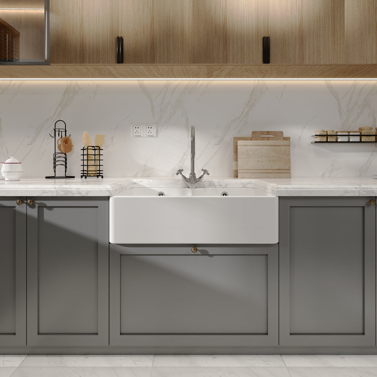 Double Bowl Fireclay Butler Kitchen Sink - Bundle Includes Full Weir, Tap Hole & Wastes