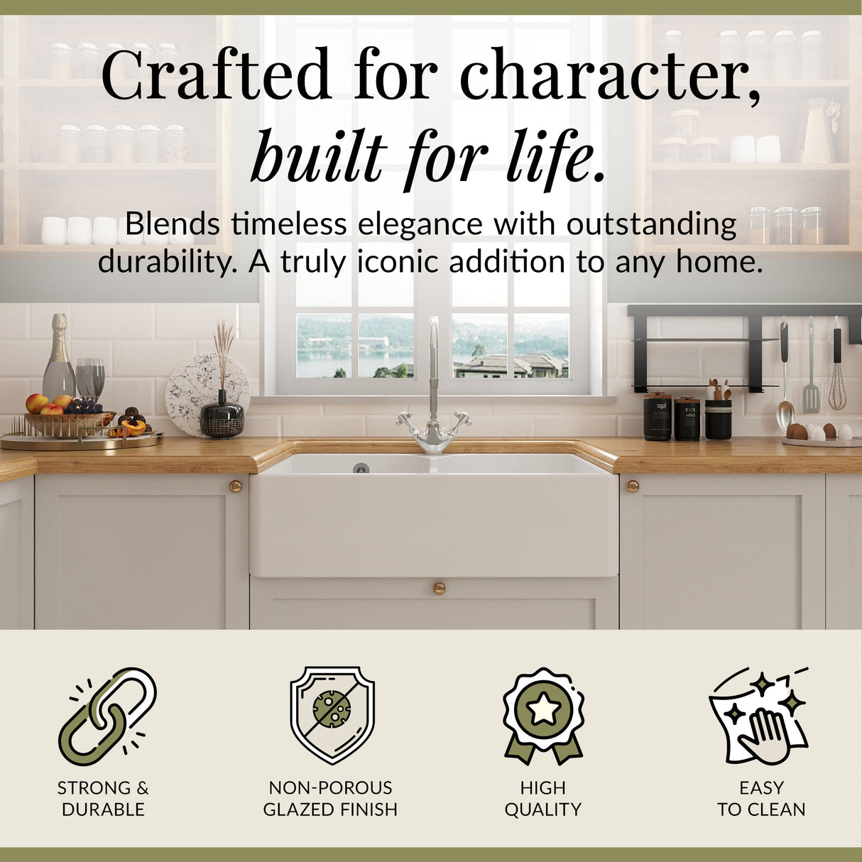 Double Bowl Fireclay Ceramic Butler Kitchen Sink Bundle with Stepped Weir, Mixer Tap & Wastes