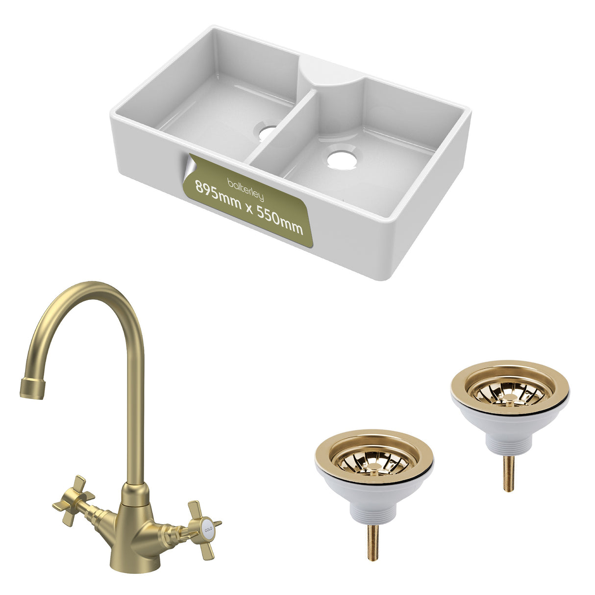 Fireclay Kitchen Bundle - Double Bowl Butler Sink, 2 x Wastes & Mono Crosshead Tap, 895mm - Brushed Brass