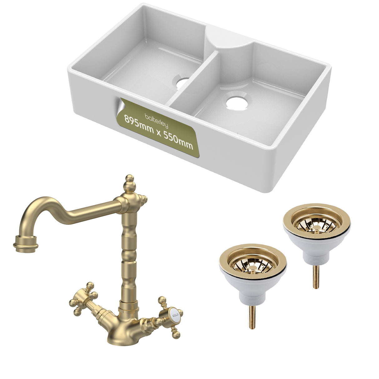 Fireclay Kitchen Bundle - Double Bowl Butler Sink, 2 x Wastes & French Classic Tap, 895mm - Brushed Brass