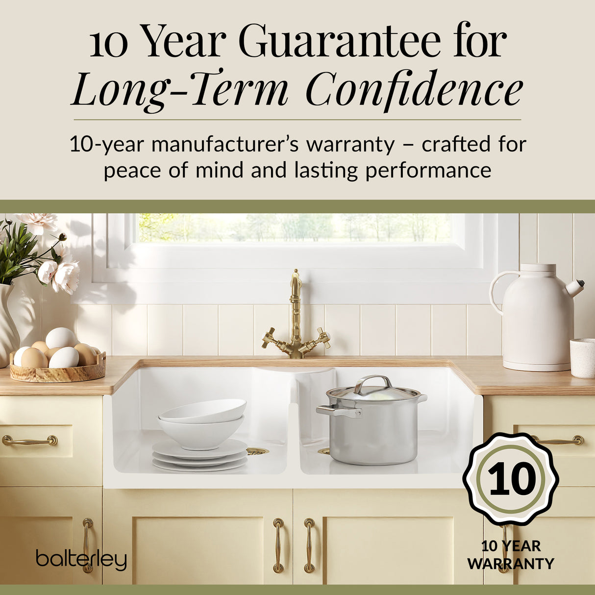 Fireclay Kitchen Bundle - Double Bowl Butler Sink, 2 x Wastes & French Classic Tap, 895mm - Brushed Brass