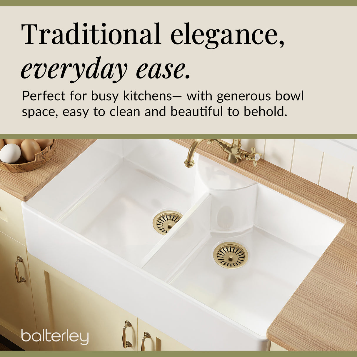 Fireclay Kitchen Bundle - Double Bowl Butler Sink, 2 x Wastes & French Classic Tap, 895mm - Brushed Brass