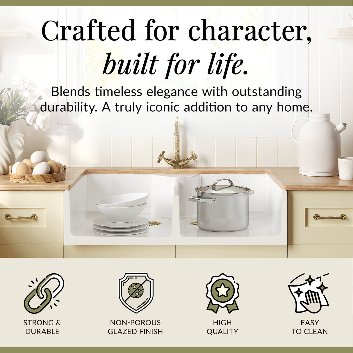 Fireclay Kitchen Bundle - Double Bowl Butler Sink, 2 x Wastes & French Classic Tap, 895mm - Brushed Brass