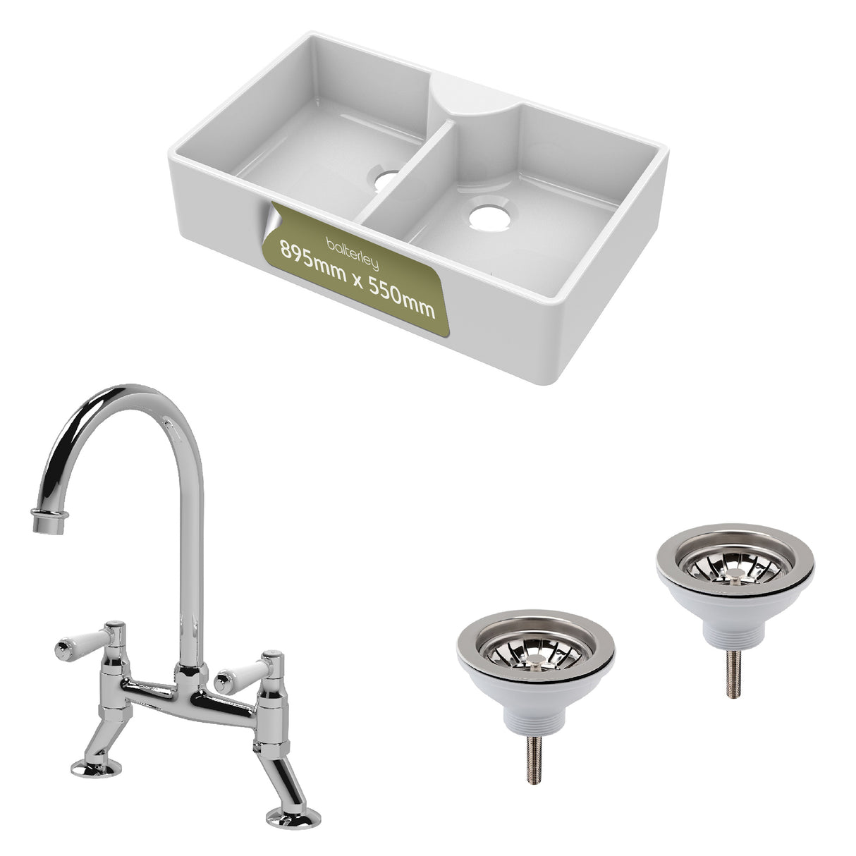 Fireclay Kitchen Bundle - Double Bowl Butler Sink, 2 x Wastes & Bridge Lever Tap, 895mm - Chrome