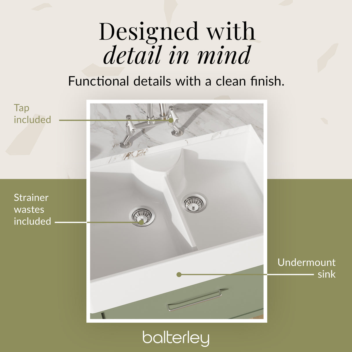 Fireclay Kitchen Bundle - Double Bowl Butler Sink, 2 x Wastes & Bridge Lever Tap, 895mm - Chrome
