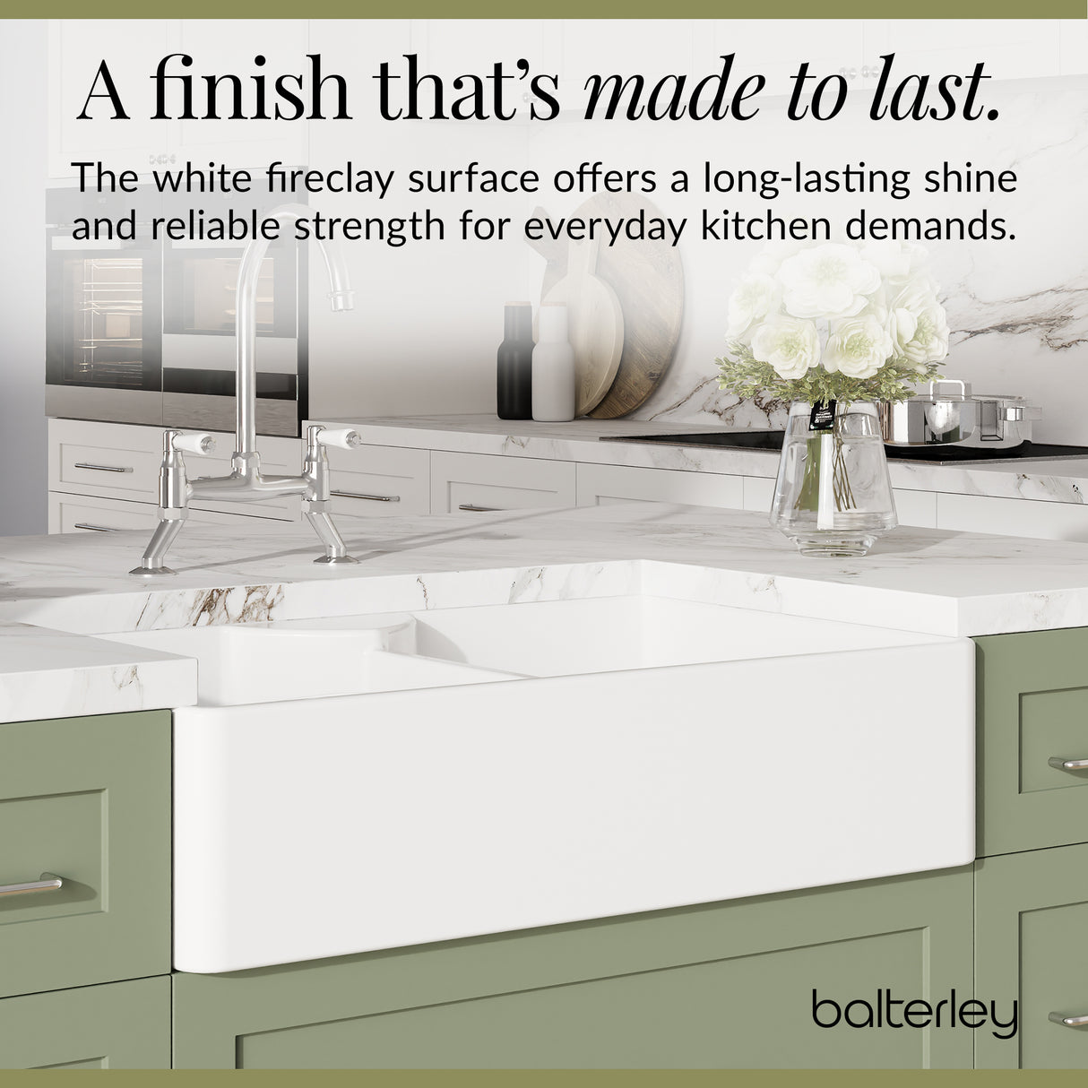 Fireclay Kitchen Bundle - Double Bowl Butler Sink, 2 x Wastes & Bridge Lever Tap, 895mm - Chrome