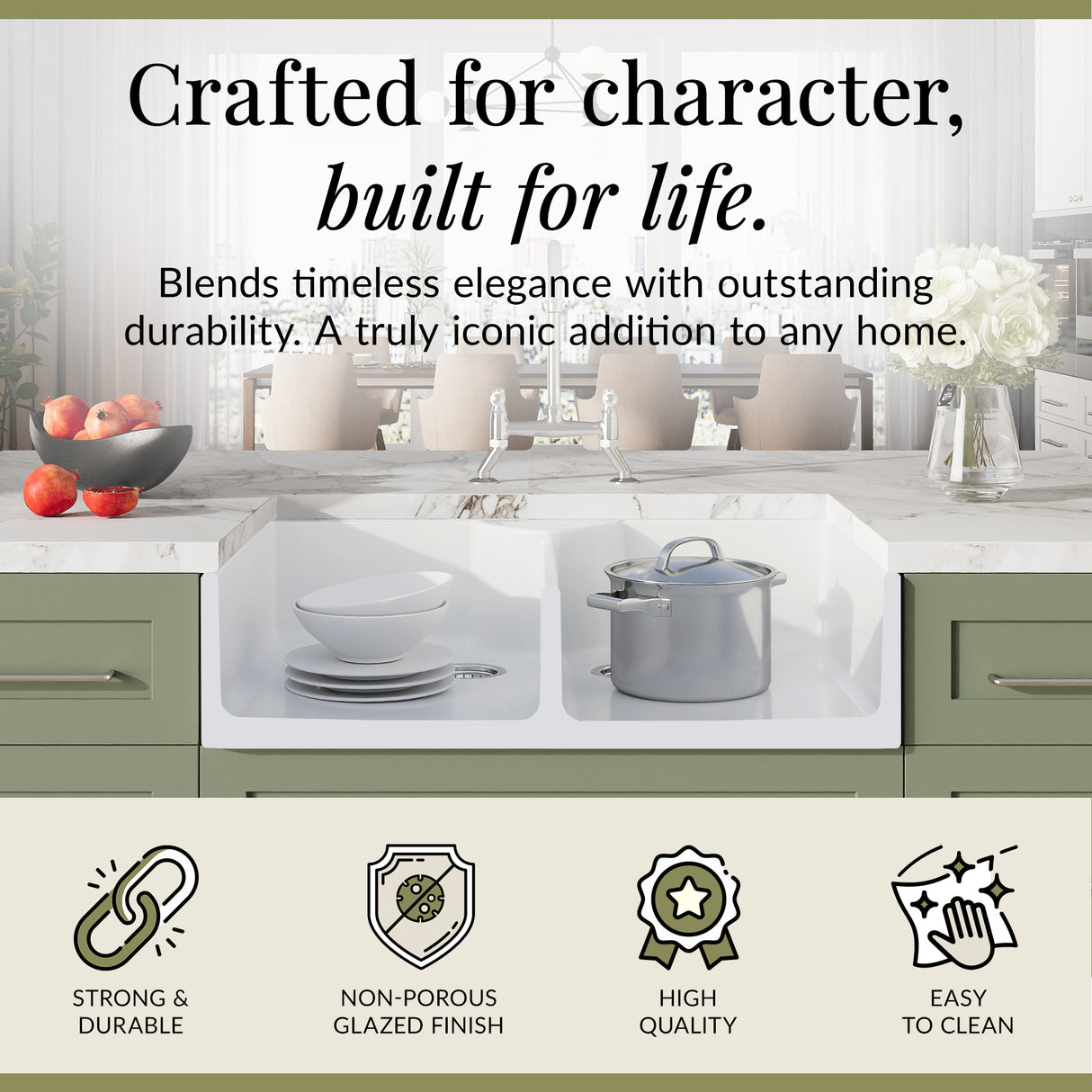 Fireclay Kitchen Bundle - Double Bowl Butler Sink, 2 x Wastes & Bridge Lever Tap, 895mm - Chrome