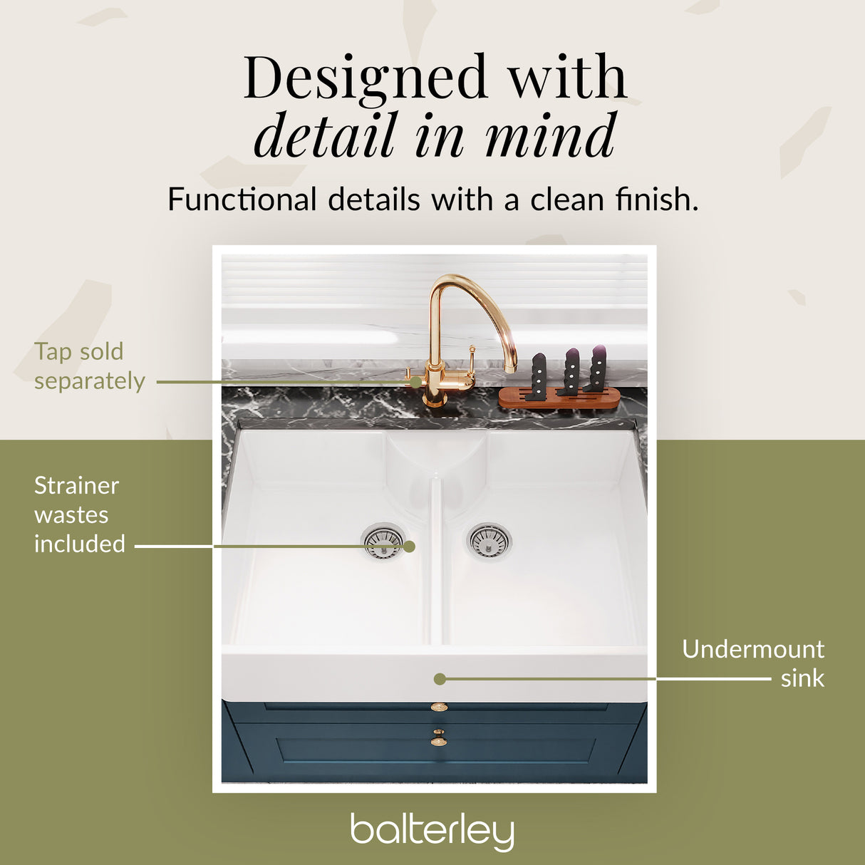 Double Bowl Fireclay Ceramic Butler Kitchen Sink with Stepped Weir, Tap Ledge & Wastes