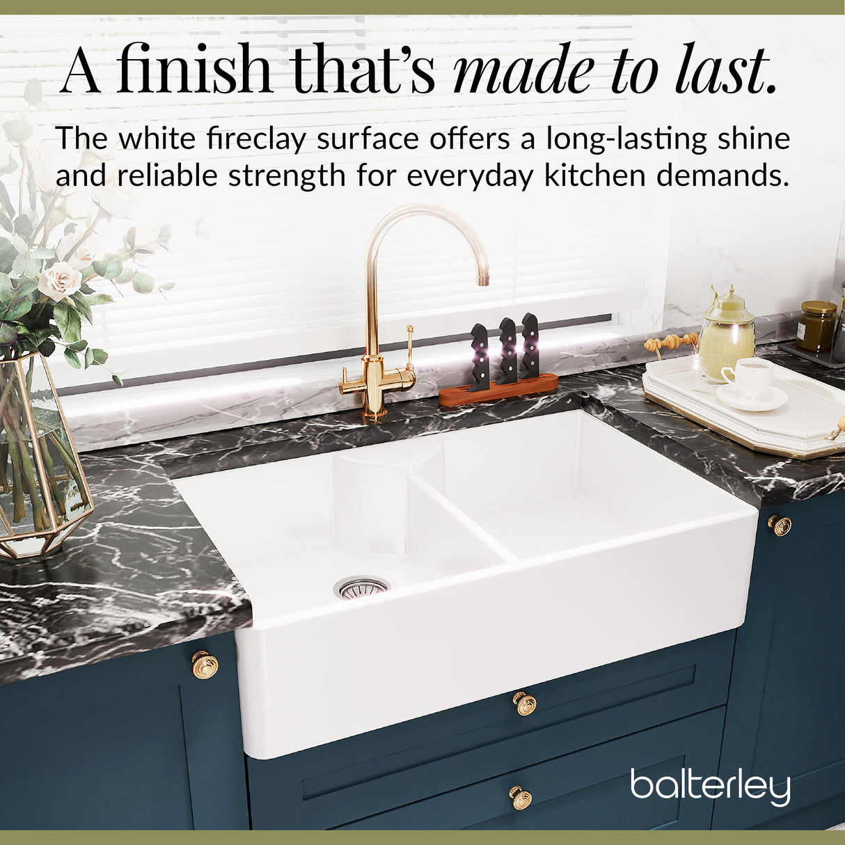 Double Bowl Fireclay Ceramic Butler Kitchen Sink with Stepped Weir, Tap Ledge & Wastes