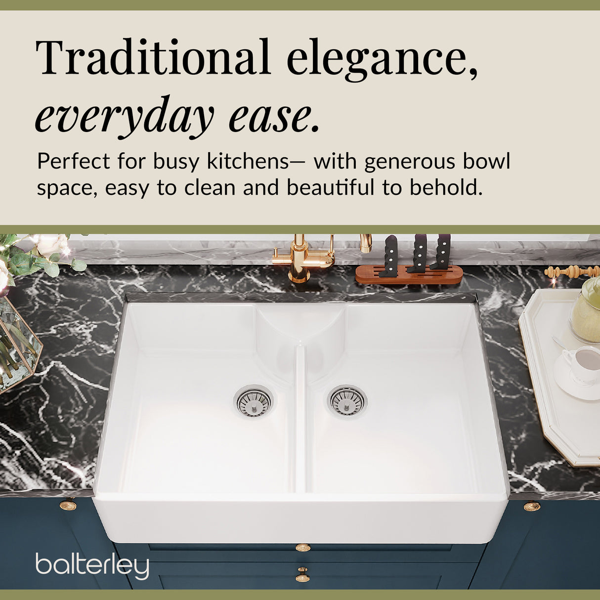Double Bowl Fireclay Ceramic Butler Kitchen Sink with Stepped Weir, Tap Ledge & Wastes