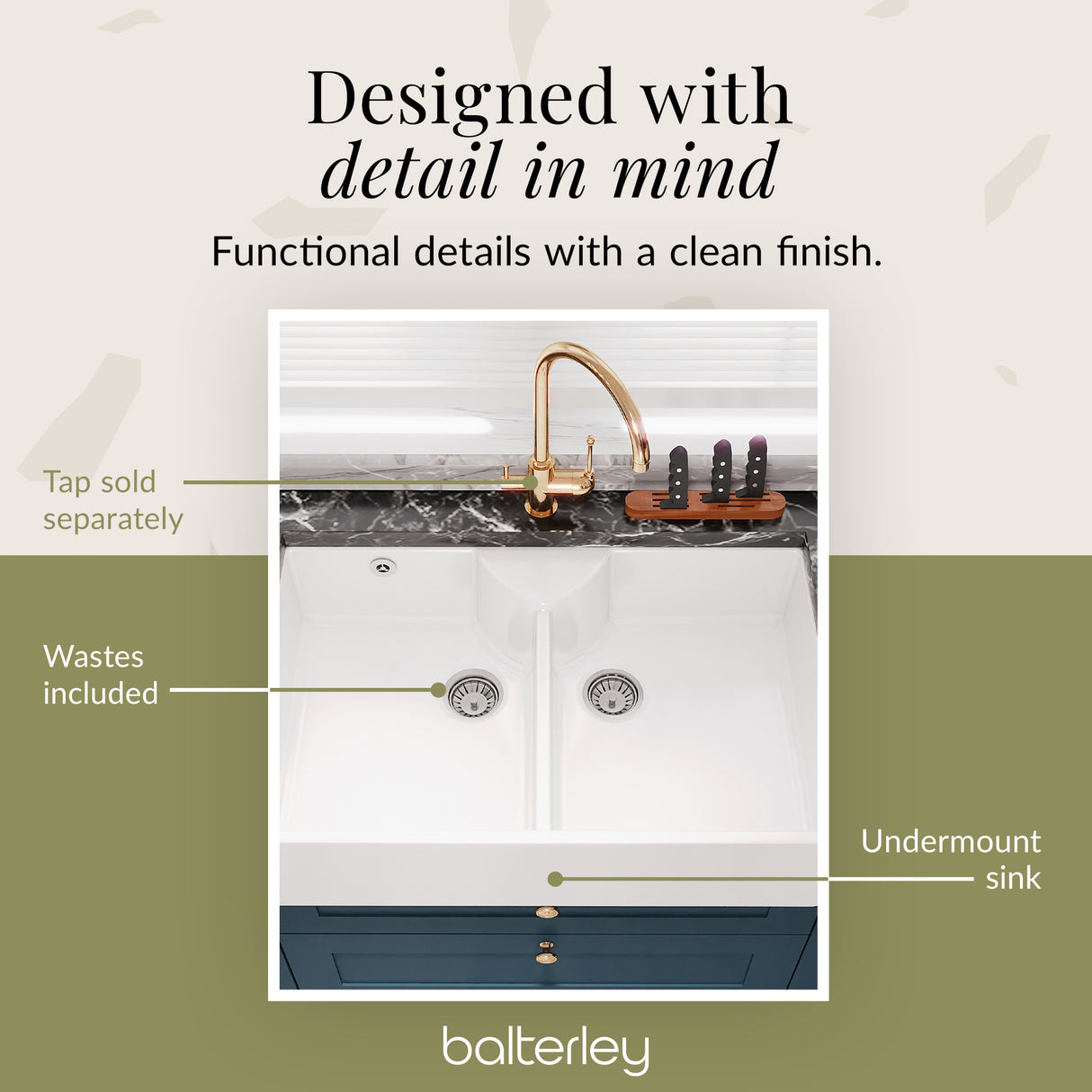 Double Bowl Fireclay Butler Kitchen Sink with Stepped Weir, Overflow, ledge & Wastes