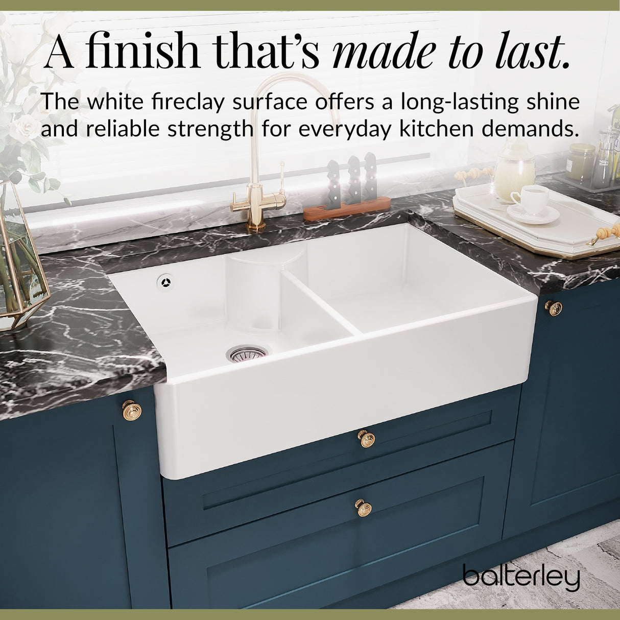 Double Bowl Fireclay Butler Kitchen Sink with Stepped Weir, Overflow, ledge & Wastes