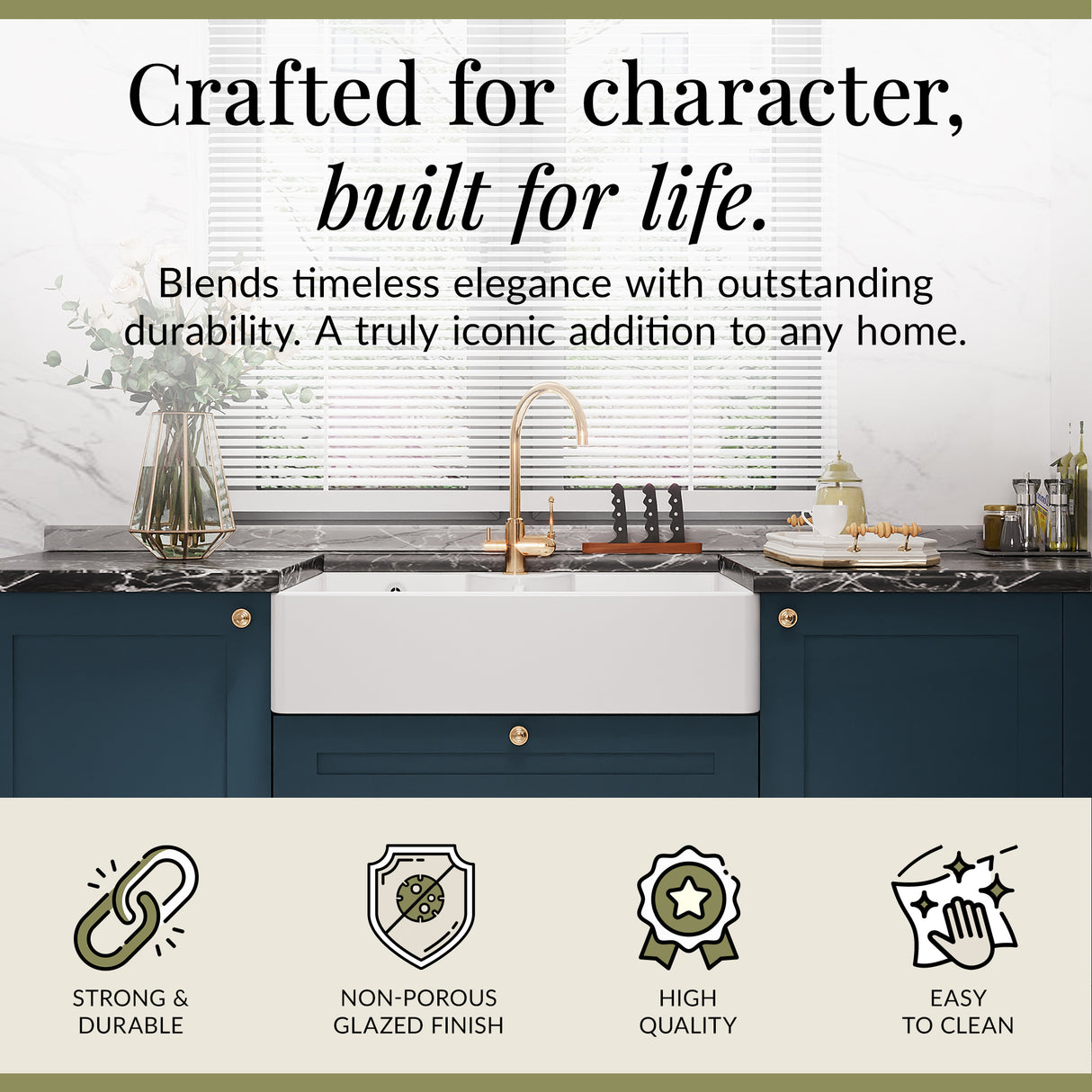 Double Bowl Fireclay Butler Kitchen Sink with Stepped Weir, Overflow, ledge & Wastes