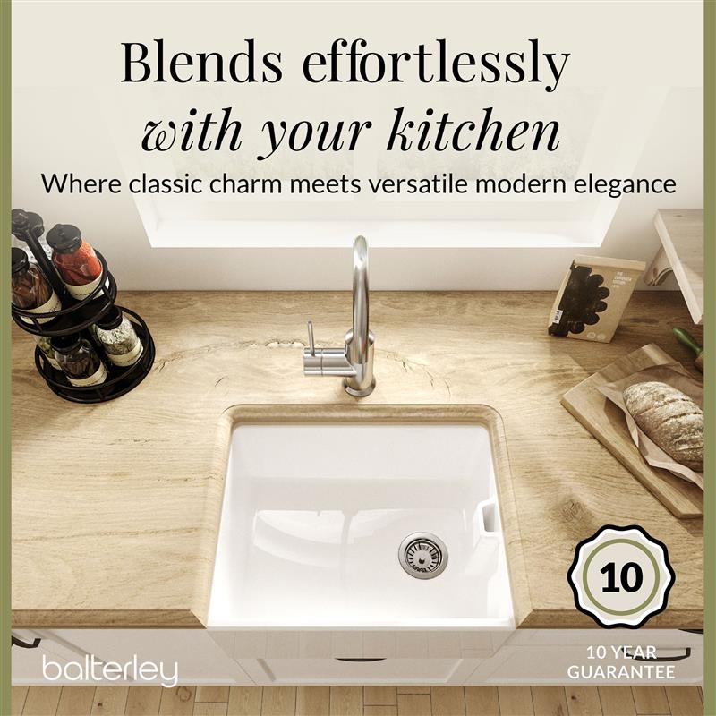 Single Bowl Fireclay Ceramic Belfast Kitchen Sink & Basket Strainer Waste