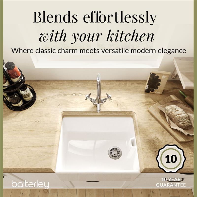 Single Bowl Fireclay Belfast Sink Bundle with Basket Strainer Waste & Mono Kitchen Sink Mixer Tap - 595mm