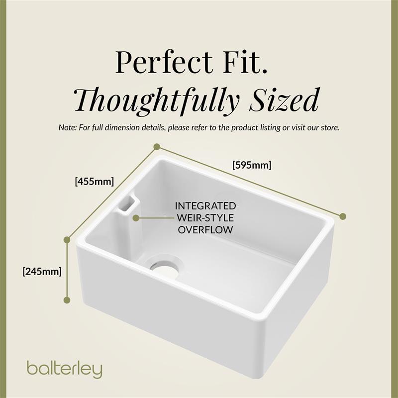 Single Bowl Fireclay Belfast Sink Bundle with Basket Strainer Waste & Mono Kitchen Sink Mixer Tap - 595mm