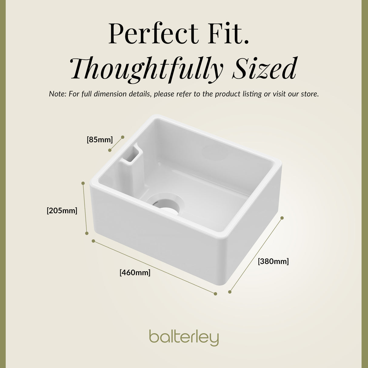 Single Bowl Fireclay Compact Belfast Kitchen Sink & Basket Strainer Waste - 460mm