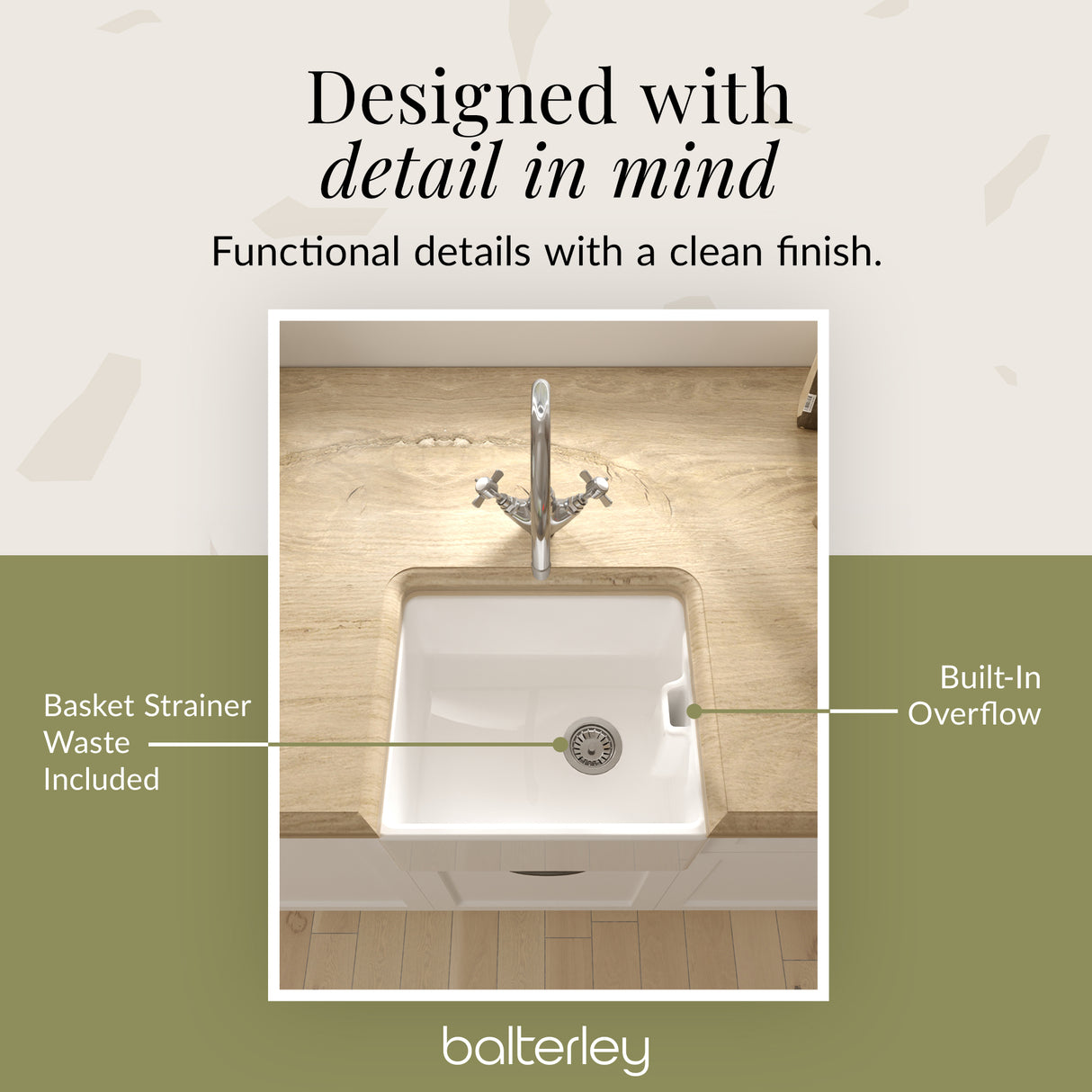 Single Bowl Fireclay Compact Belfast Kitchen Sink & Basket Strainer Waste - 460mm