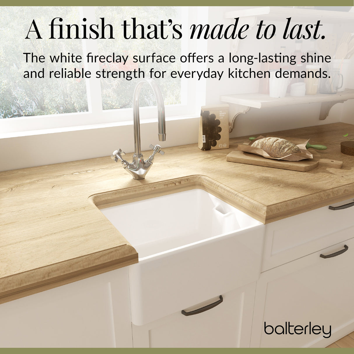 Single Bowl Fireclay Compact Belfast Kitchen Sink & Basket Strainer Waste - 460mm