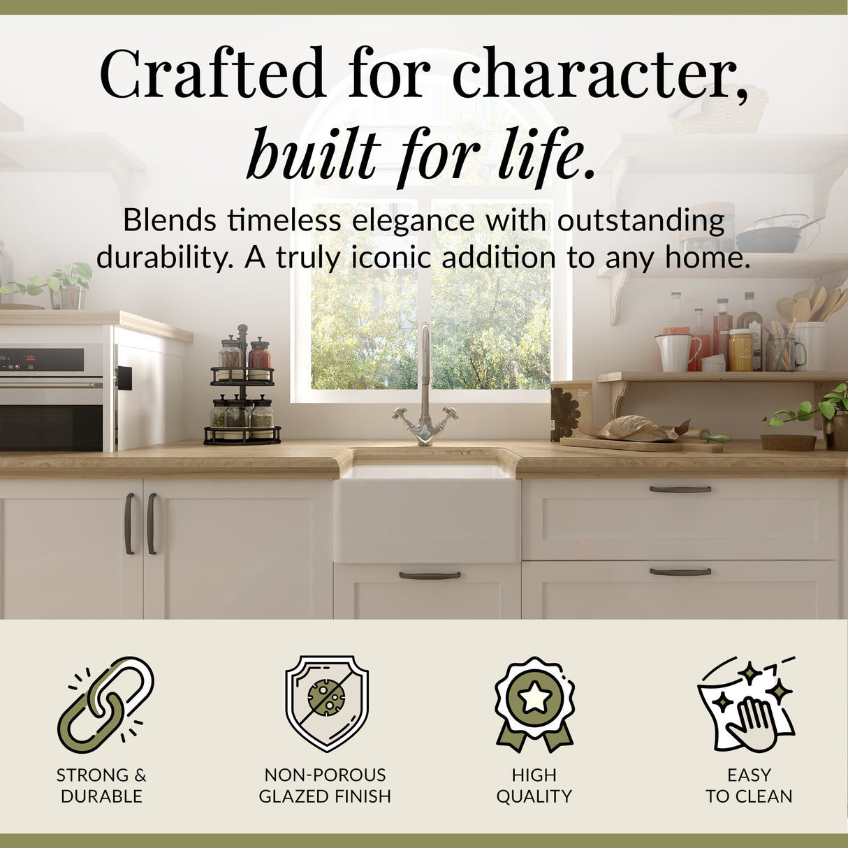 Single Bowl Fireclay Compact Belfast Kitchen Sink & Basket Strainer Waste - 460mm