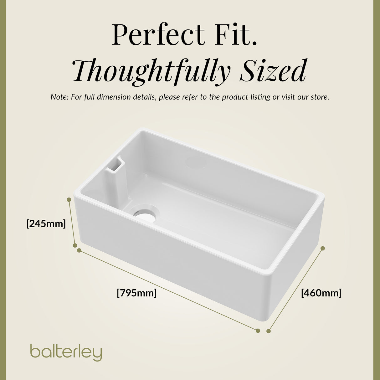 Single Bowl Fireclay Ceramic Belfast Kitchen Sink & Basket Strainer Waste - 795mm