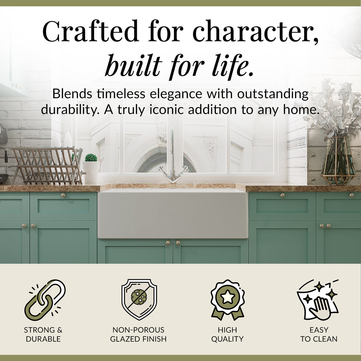 Fireclay Belfast Kitchen Sink Bundle with Overflow, Mono Sink Mixer Tap & Waste