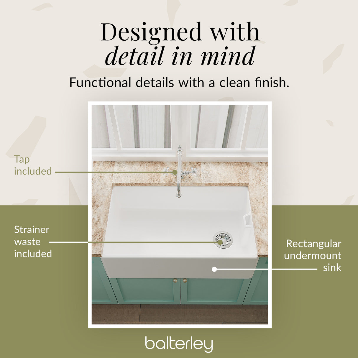Belfast Fireclay Ceramic Kitchen Sink Bundle with Overflow, French Classic Tap & Waste